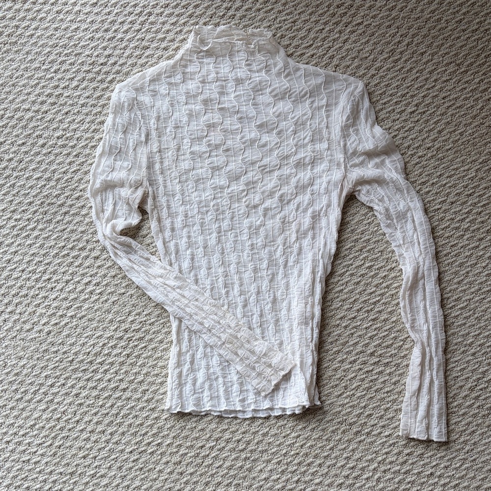 White See through Textured Long Sleeve Mock Neck Top